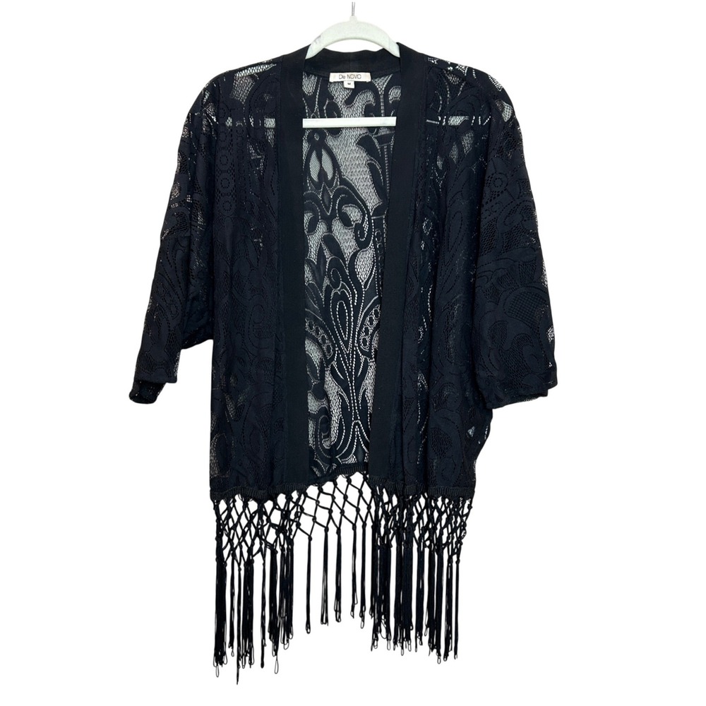 Kimono Cardigan Womens Medium Black Lace Fringe Open Front Victorian Romantic